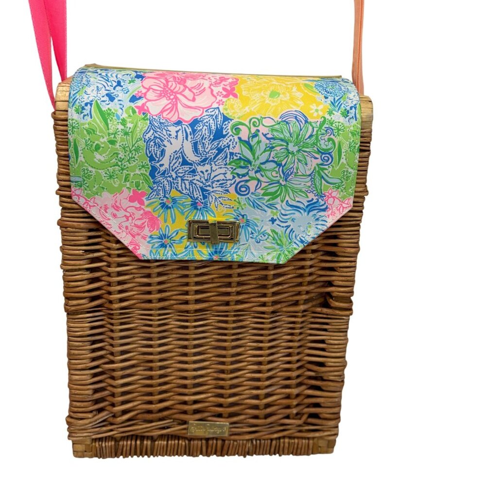 Lilly Pulitzer Wicker Rattan Wine Picnic Beach Divided Basket Tote Bag NWOT